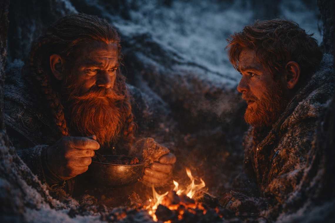 Dulint sitting silent at the fire, burdened by what he won't say