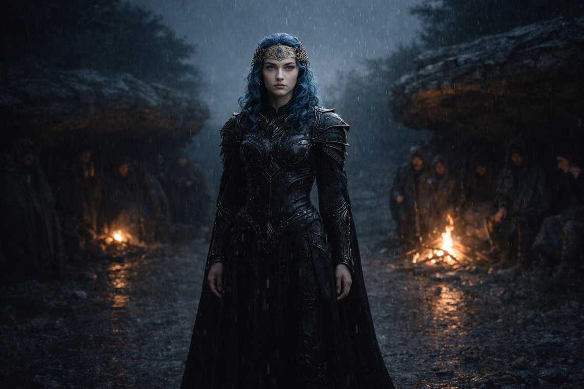 Nyxara in open rain under the sky