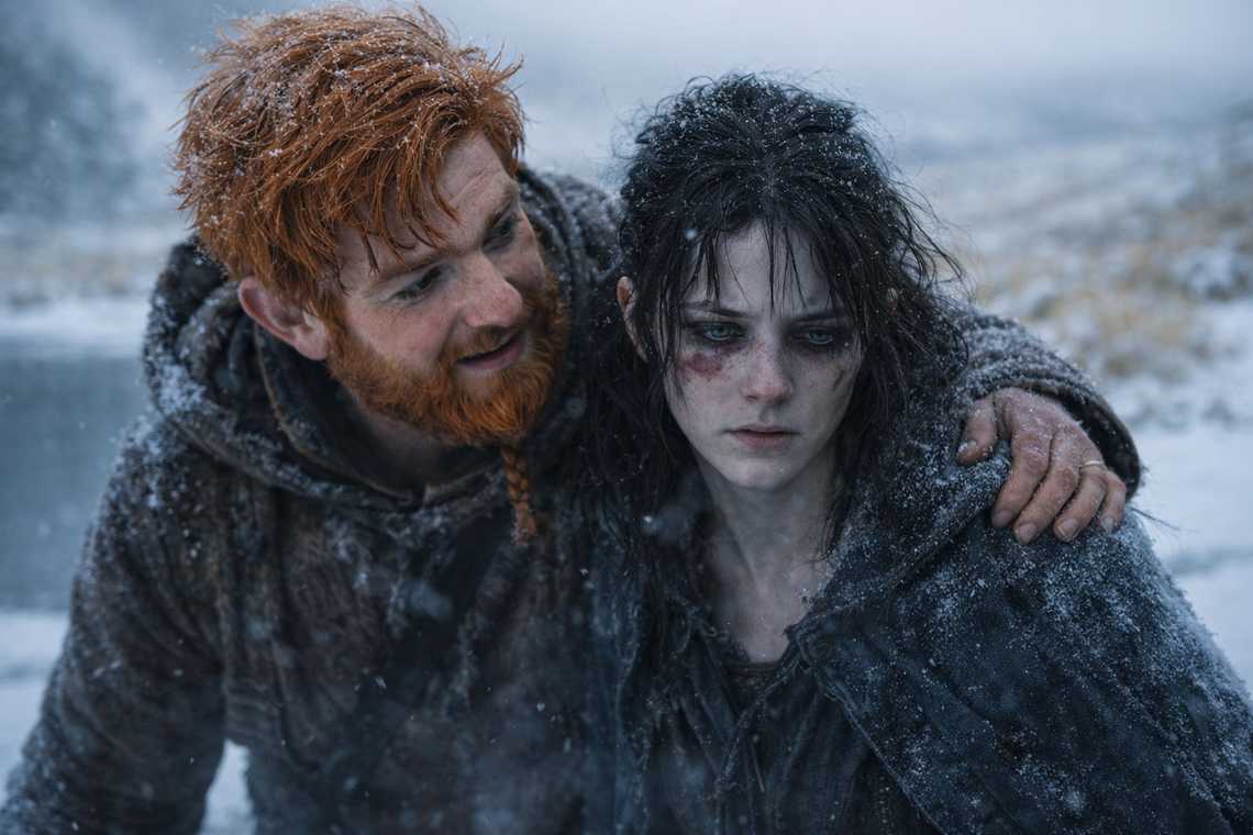 Maris catches her own reflection in a dark patch of water beneath the ice