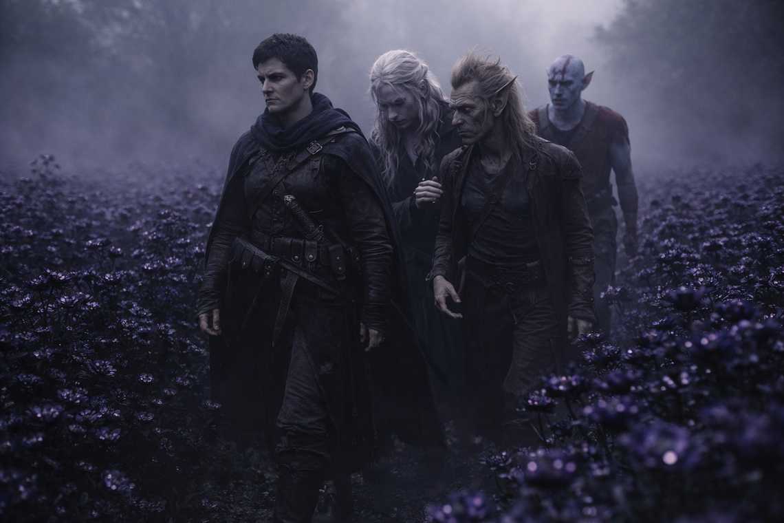 The group marches through endless rows of black flowers cultivated towards the dawn