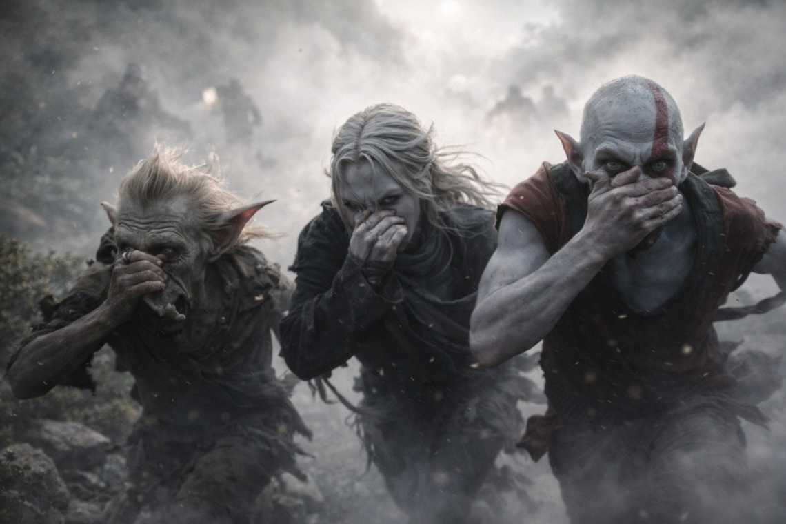 Three figures sprint through choking smoke