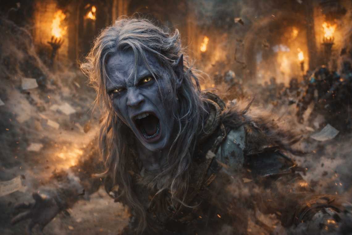 Drusniel screaming as air magic erupts