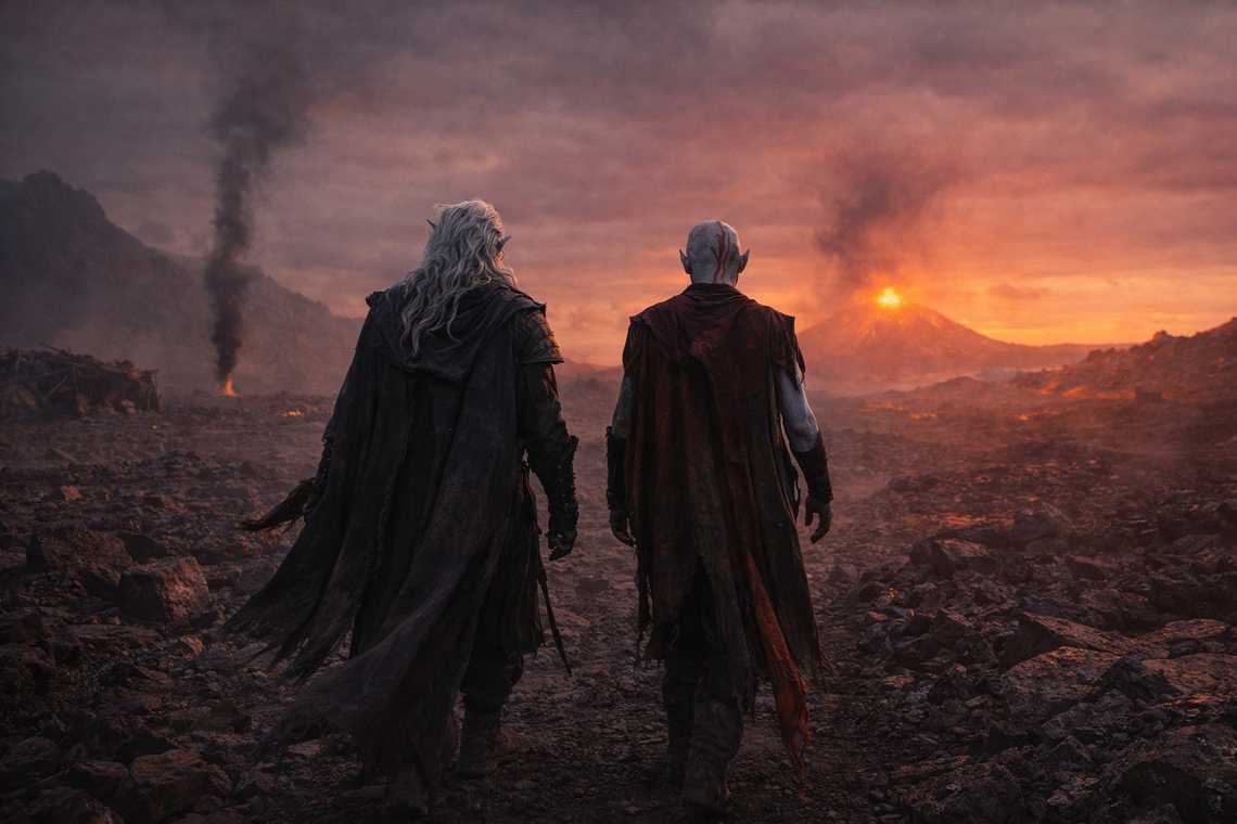 Drusniel and Elion walking east under volcanic glow