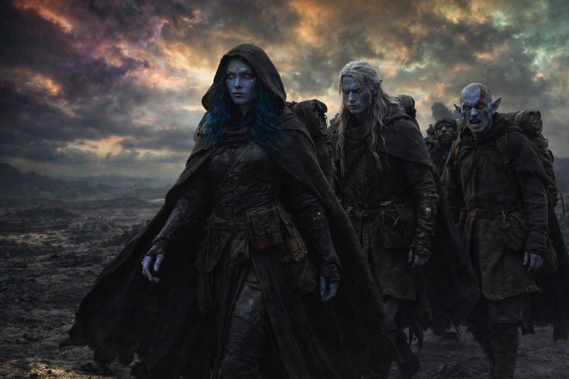 Four figures walking toward the barrier's distortion