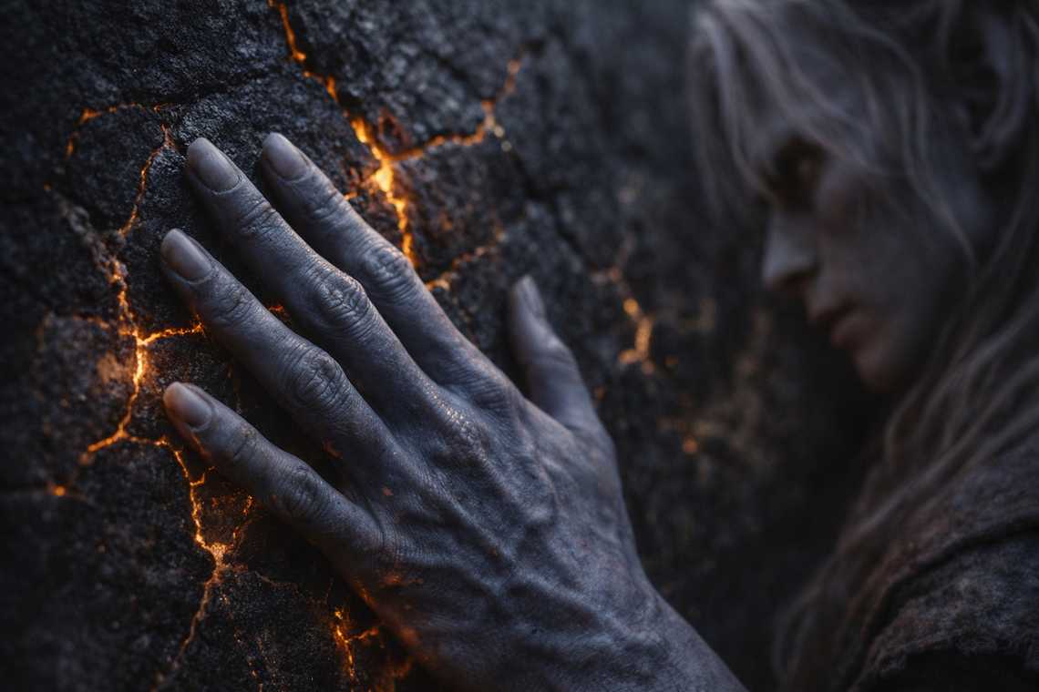 Drusniel's fingers tracing cracks in heated stone