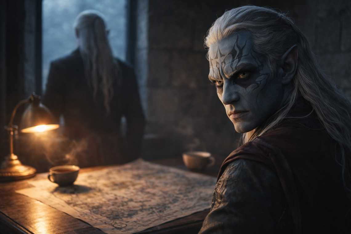 Zaelar looking out the window while Drusniel listens