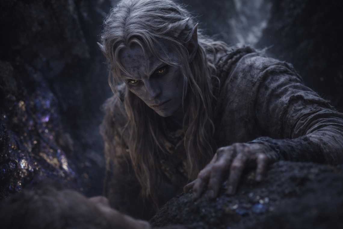 Drusniel standing, watching the goblin with calculating eyes