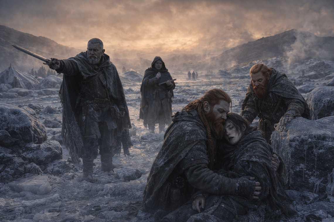 The camp quiet after the scream, Balin holding Maris, Aldric's sword pointed at nothing