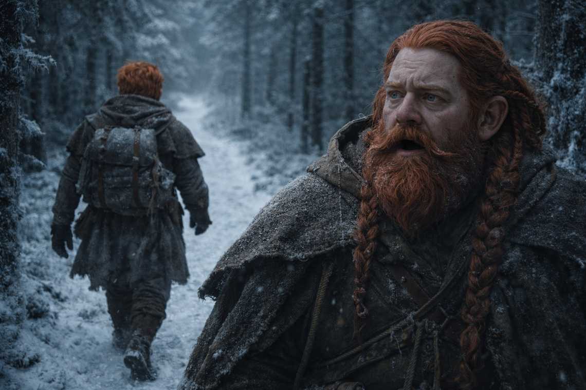 Balin walking ahead on the trail, separating from Dulint