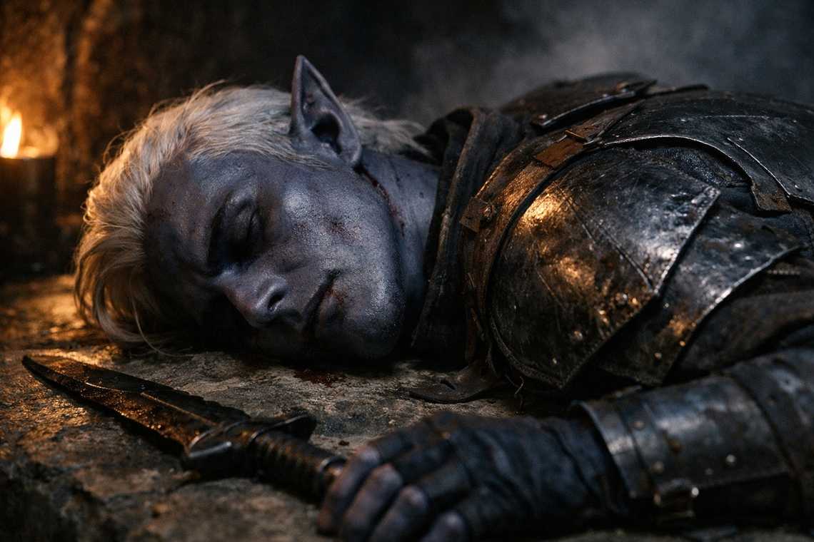 Dead drow mercenary in plain armor
