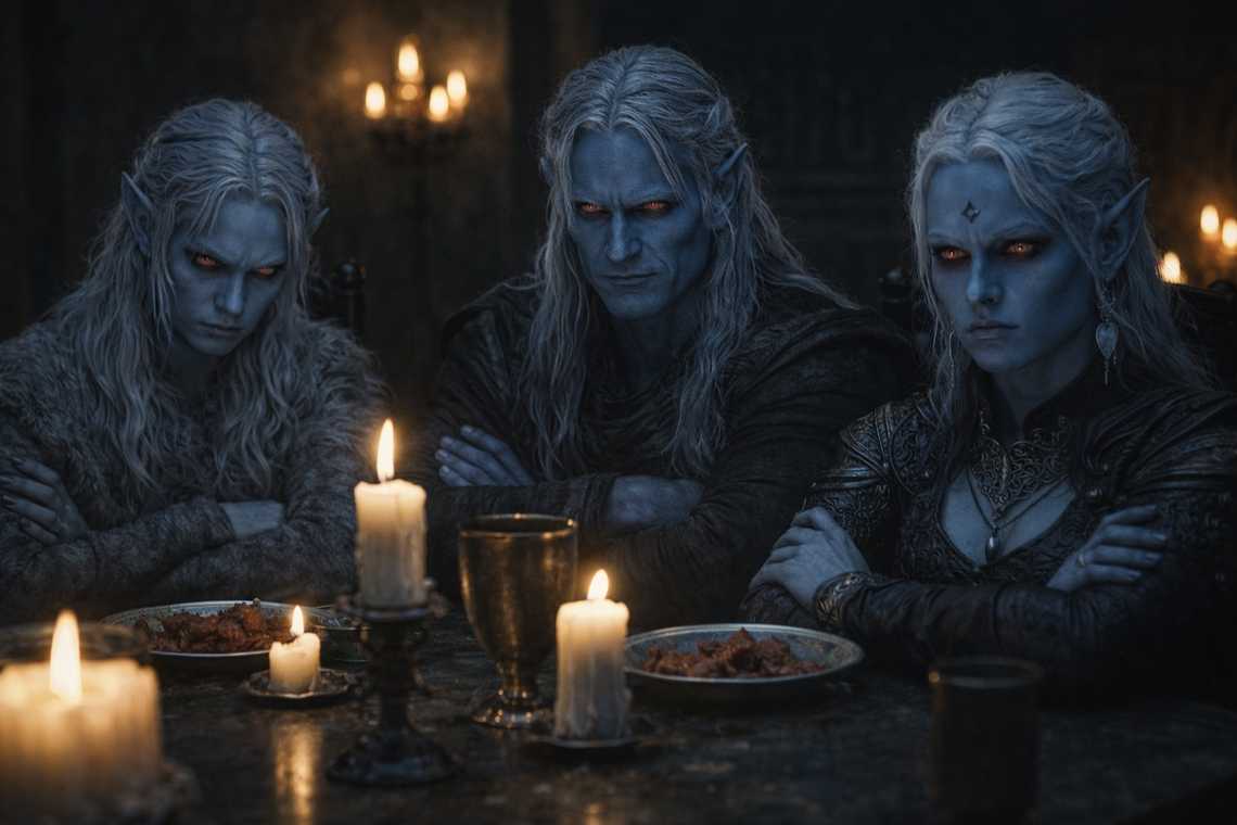 Drusniel's father fixes him with a piercing look of disappointment