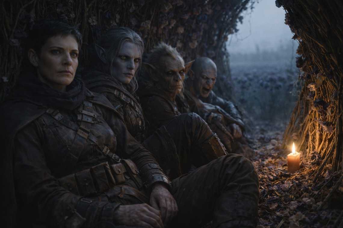 Talryn arrives at dawn, drow officer bearing, violet eyes reading the group