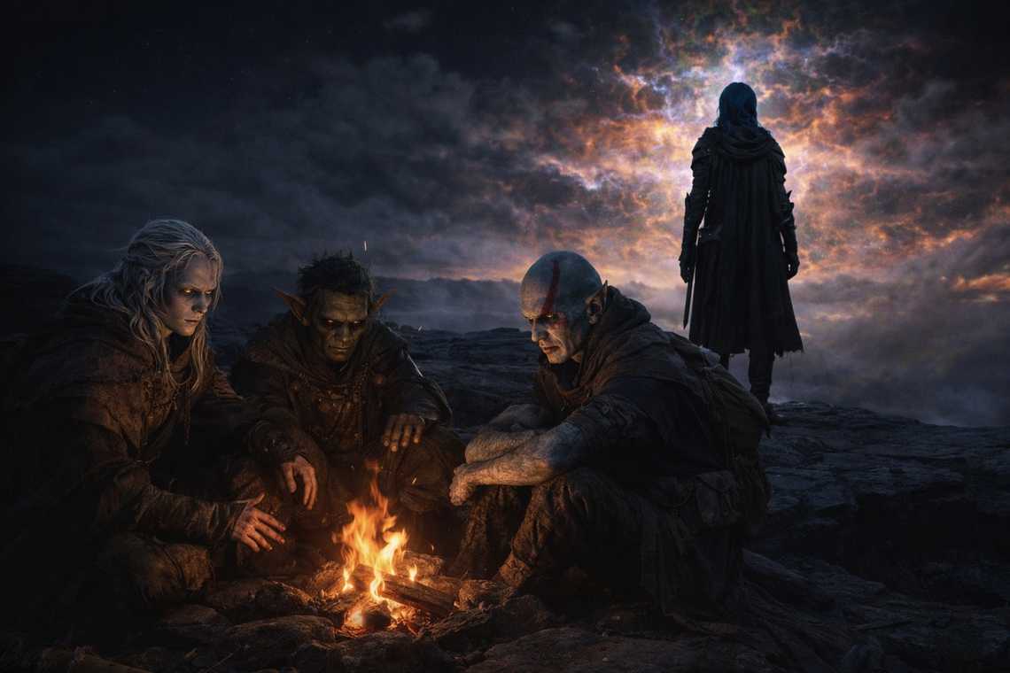 Campfire against the barrier's distortion on the horizon