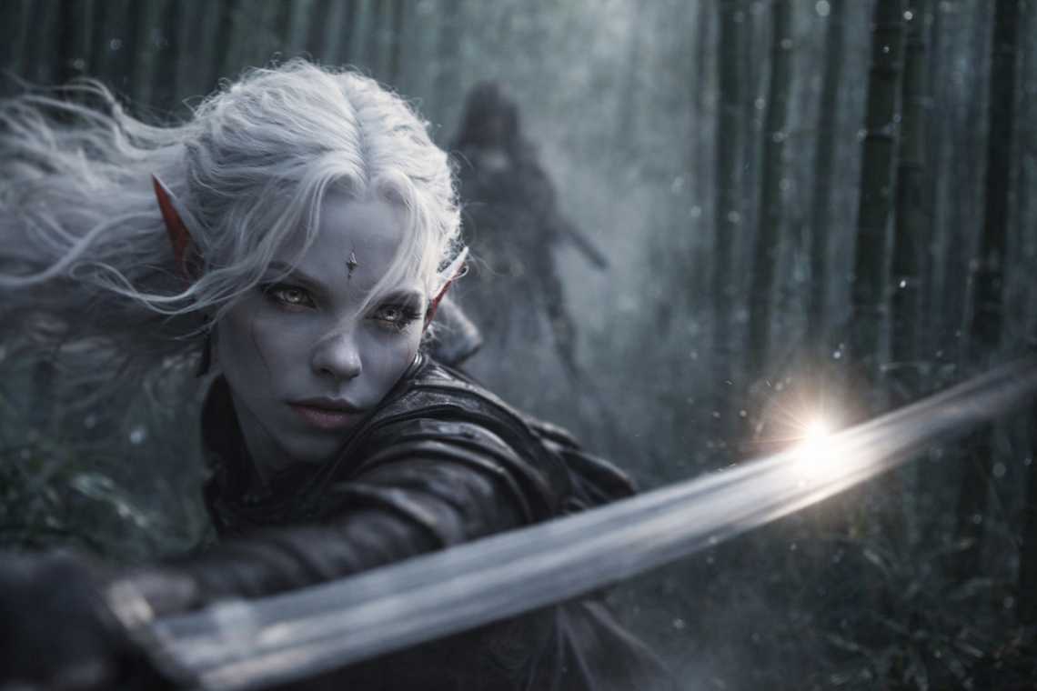 Shyntara slips past Drusniel's attack and strikes cleanly