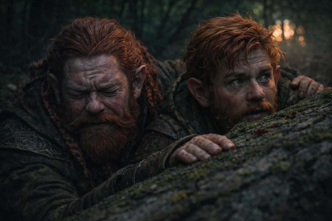 Exhausted, Dulint and Balin hiding at the forest edge