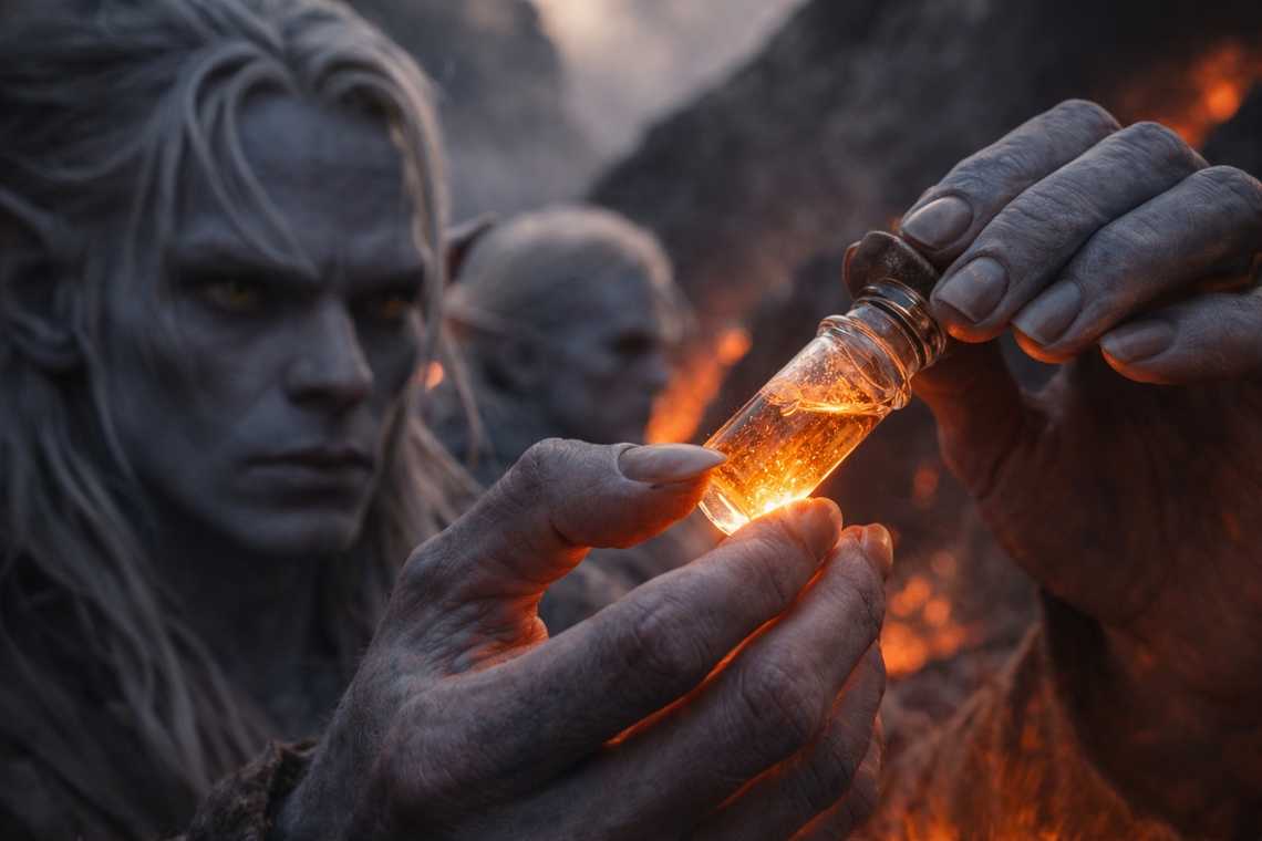 Drusniel uncorking the compound vial before entering the tunnel