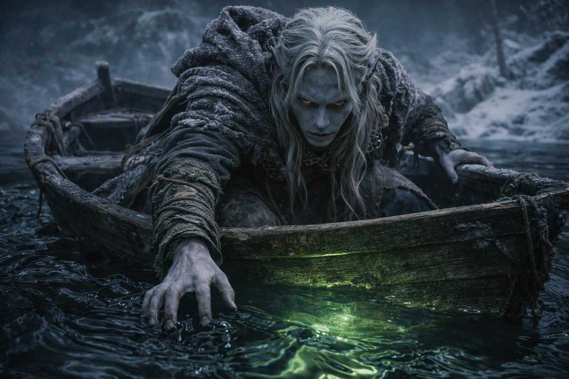 Maris sees a boat in black water illuminated from below