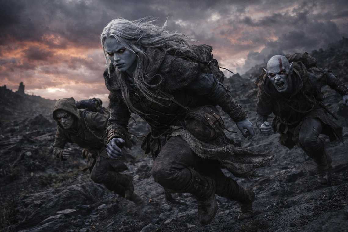 Three runners crossing black stone ridges