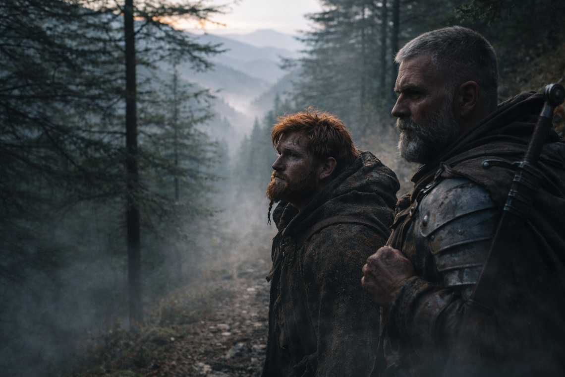 Balin and Eldric walking toward the mountains