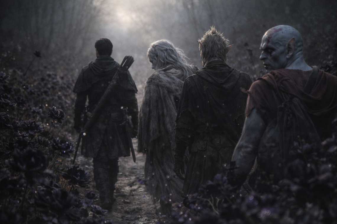 The group walks the petal-lined path out, watched from every angle