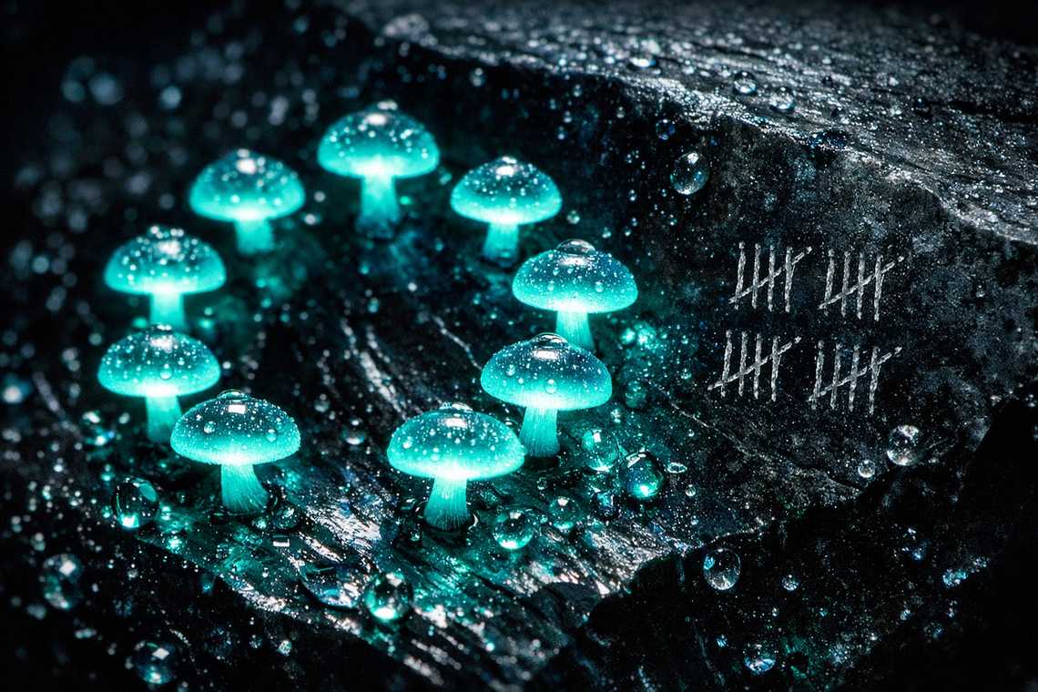 Bioluminescent fungi marking the hours on cave walls