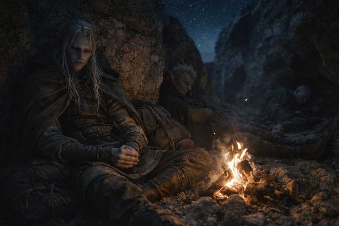 Camp sleeping under low firelight