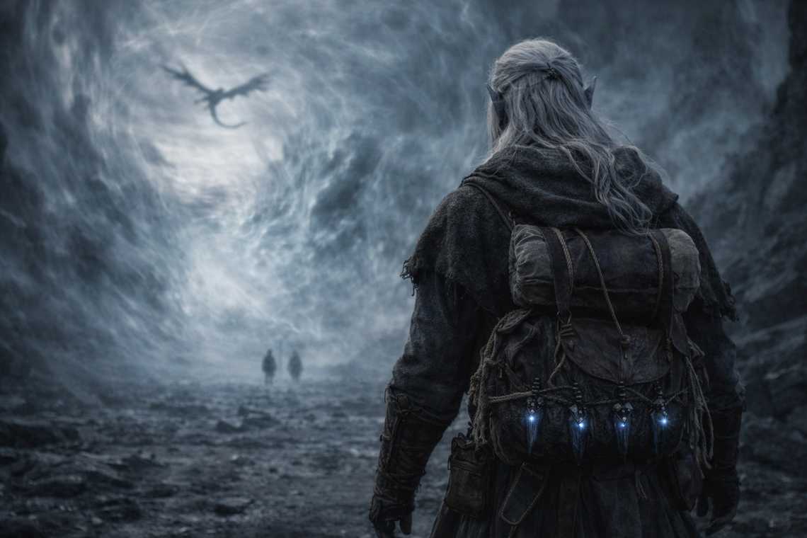 Drusniel walking alone toward the barrier, the voices behind swallowed by the distortion