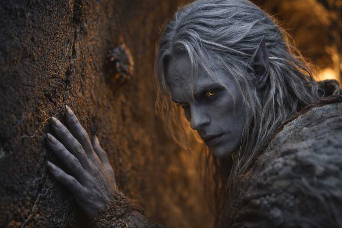 Drusniel tracing tunnel cracks with his thumb to read the stone