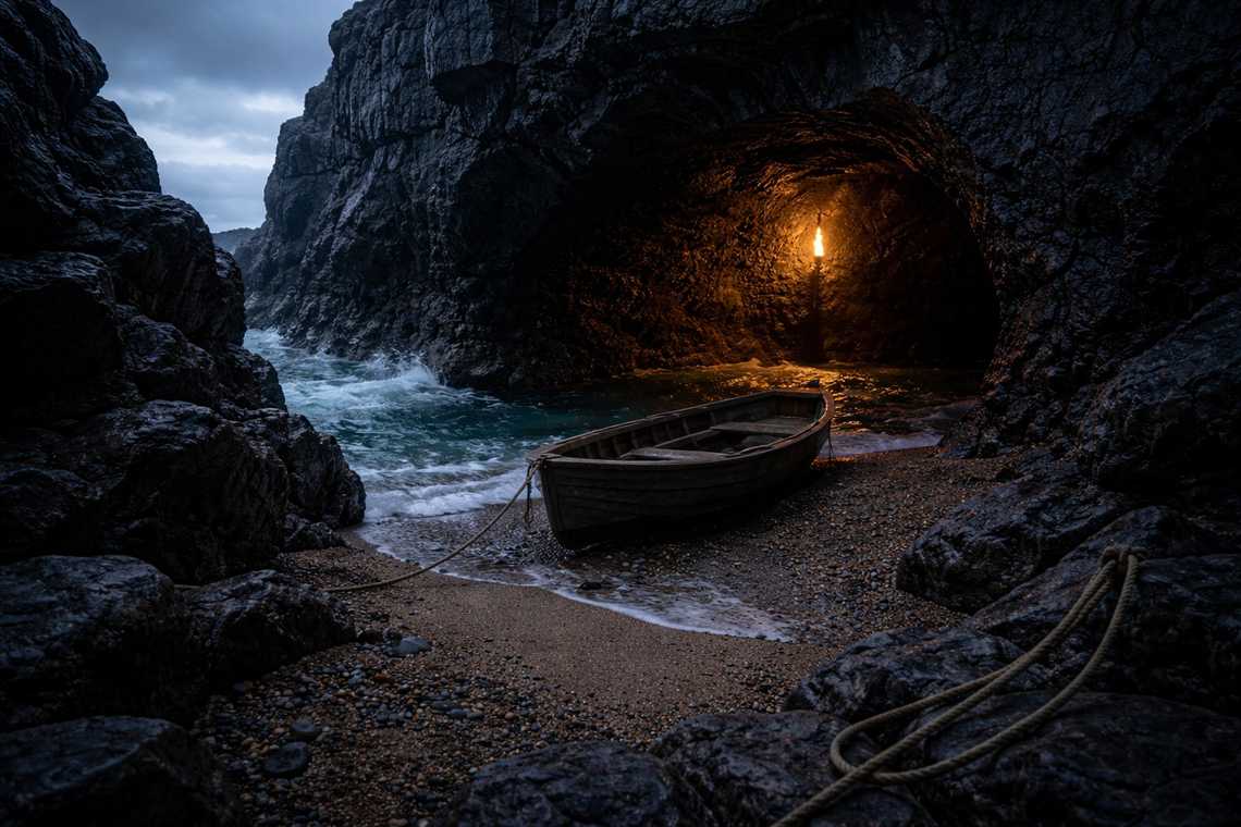 Hidden boat cave behind black rocks
