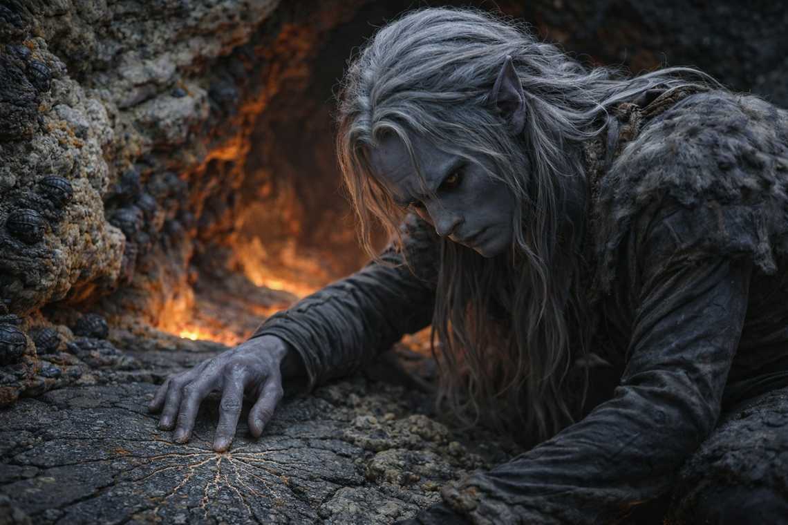 Drusniel reading the stone at the tunnel entrance, tracing ancient fracture patterns