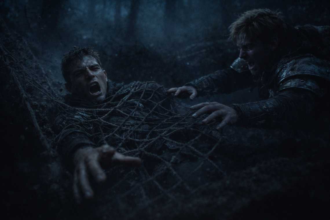 A net trap snaps tight as the ground collapses beneath Varian