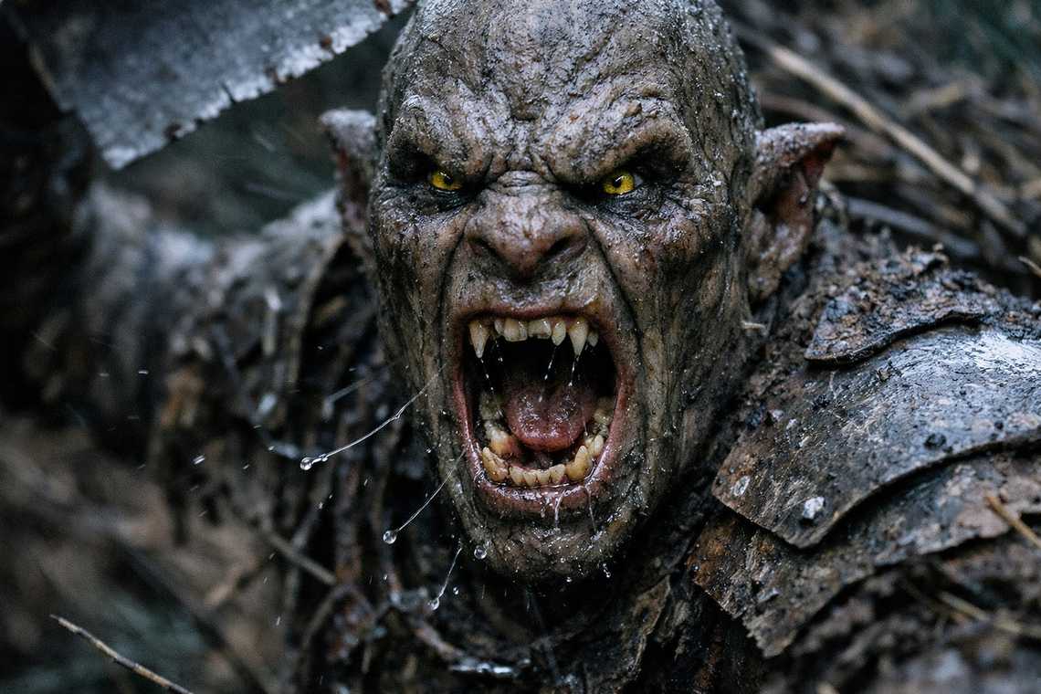 A Grukmar face with grey-green skin and too many teeth