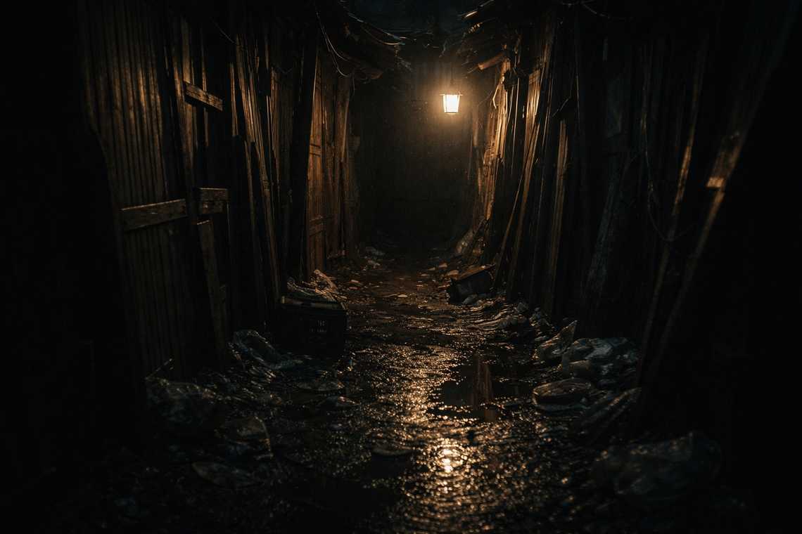 Callejón vacío en la oscuridad de la aldea