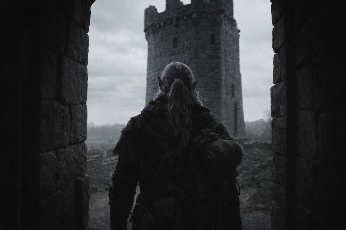 Silhouette at the tower entrance beneath a pale sky