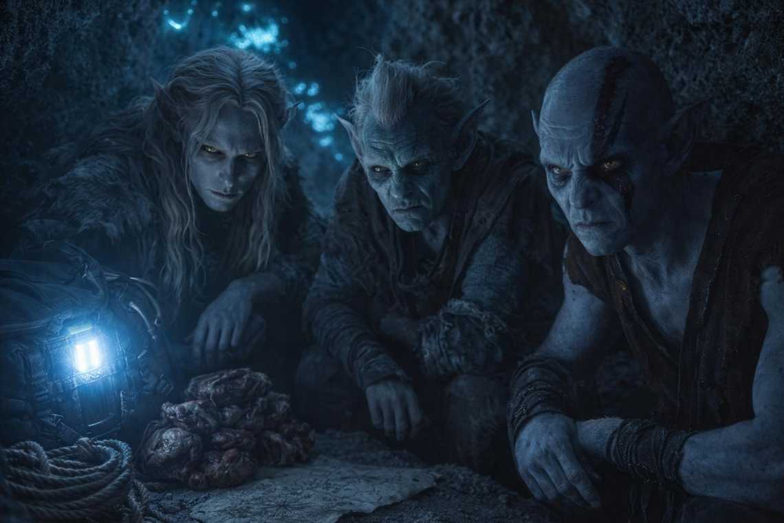 Drusniel, Srietz, and Elion in the cramped cave camp