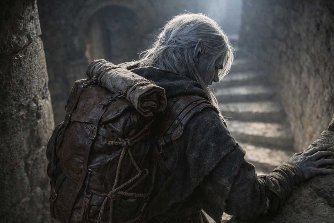 Drusniel shouldering his pack to leave