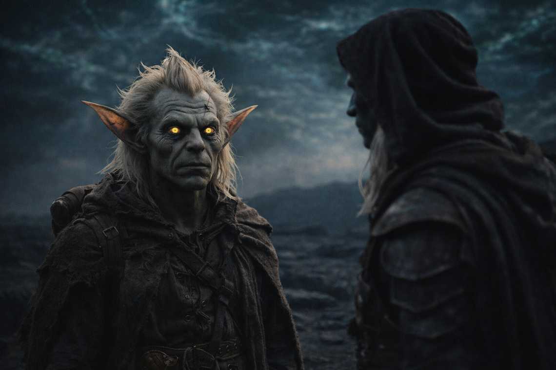 Srietz watching Drusniel with stillness, reading the invisible conversation