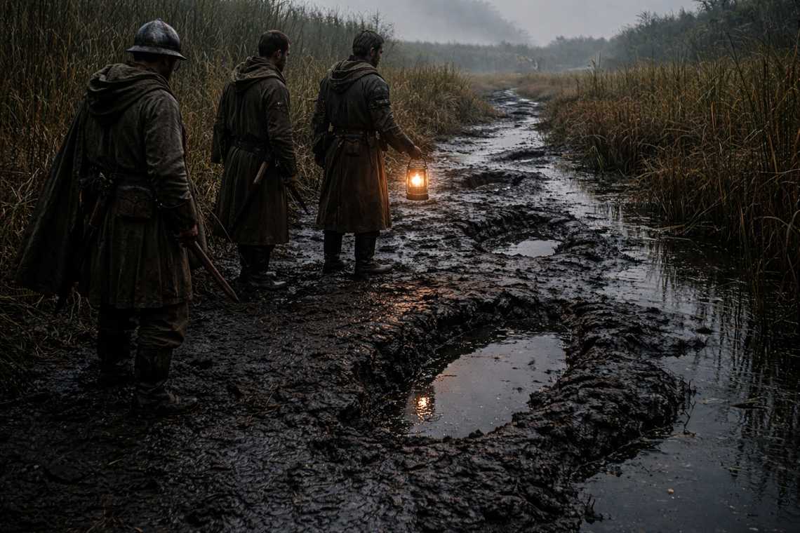 Oversized tracks leading into the swamp