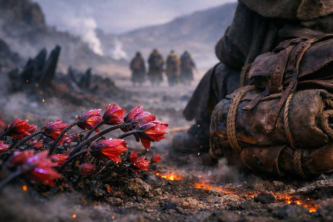 The flowers turning toward his pack
