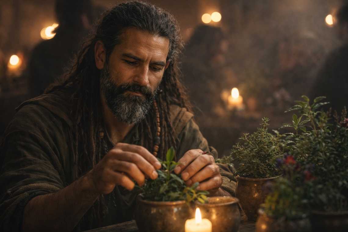 Xandor surrounded by plants