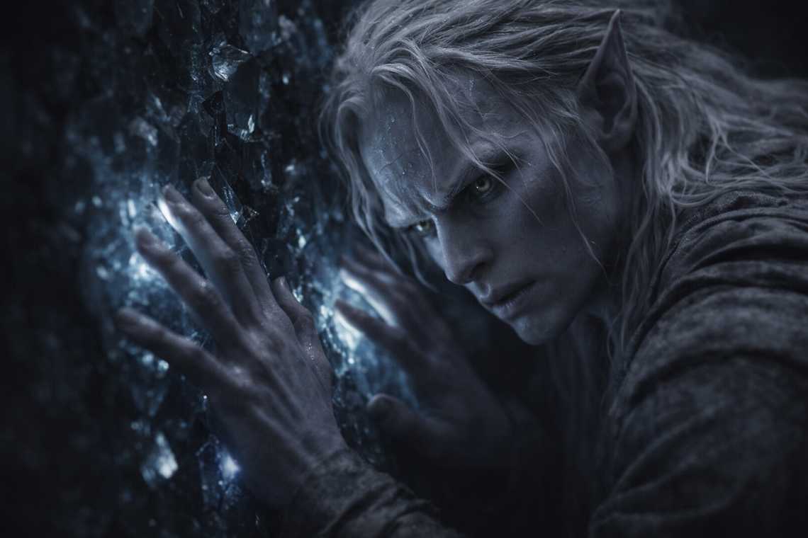 Drusniel touching the crystal wall as it vibrates