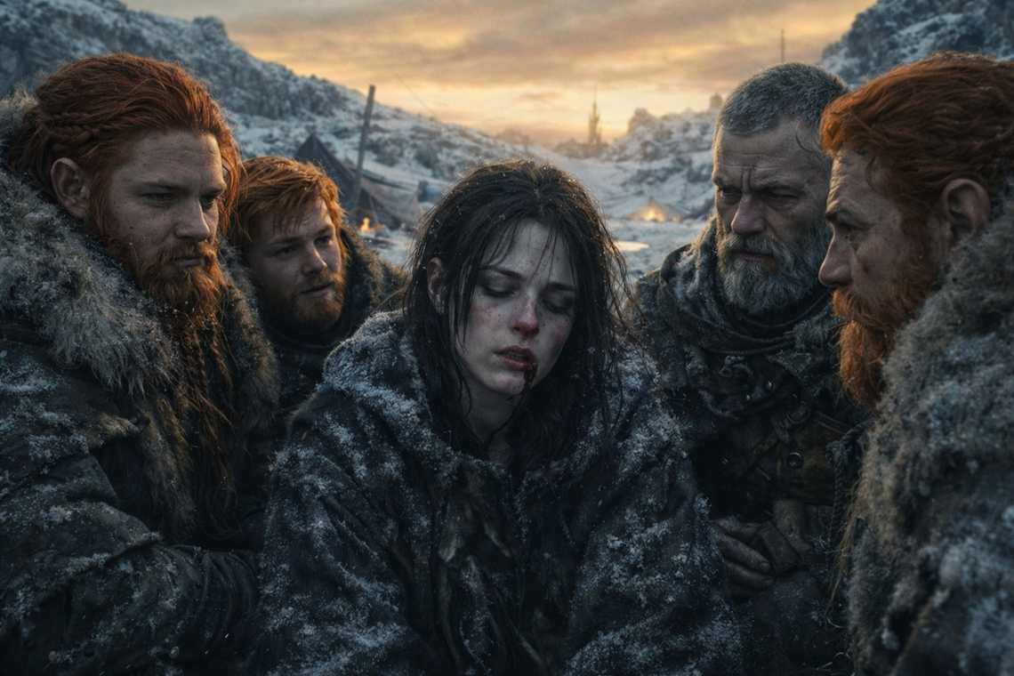 Maris narrating in pieces, frozen blood on her face, the frozen camp silent around her