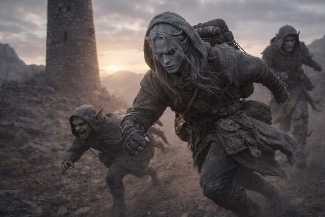 Three figures running east from the tower