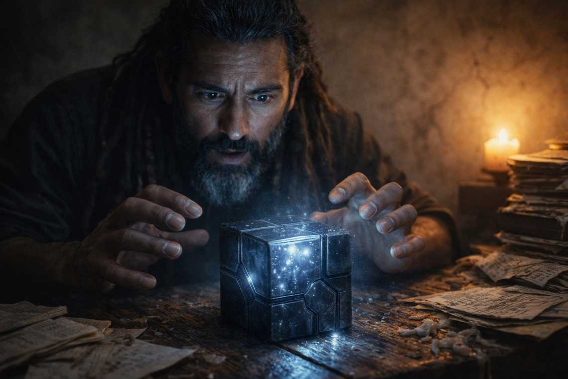 Xandor studying the cube on the table