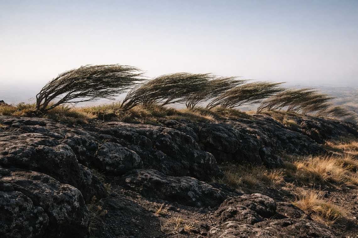 Twisted shrubs bending east under pressure