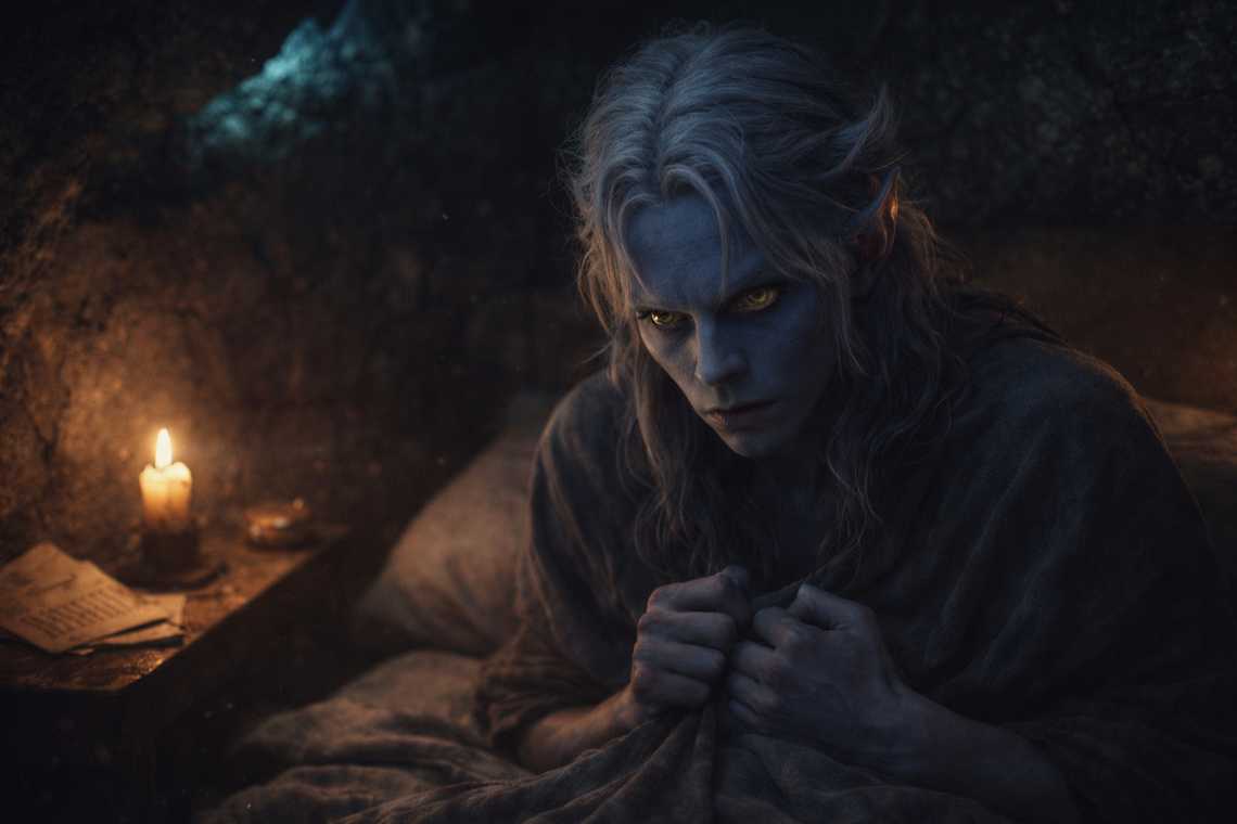 Drusniel arguing with unseen voices in the dark