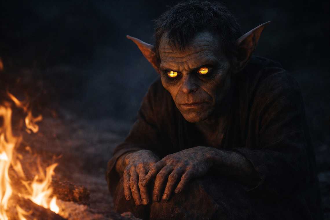 Srietz at the fireside, yellow eyes reflecting the flame