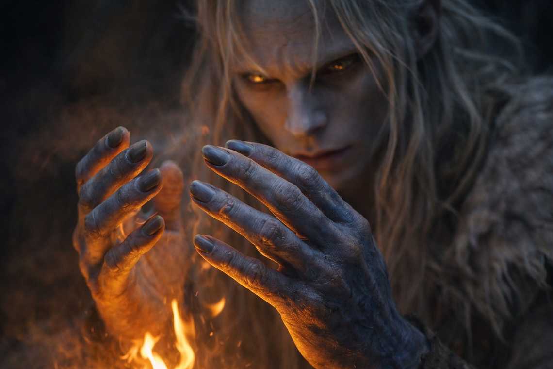 Drusniel hands near the fire