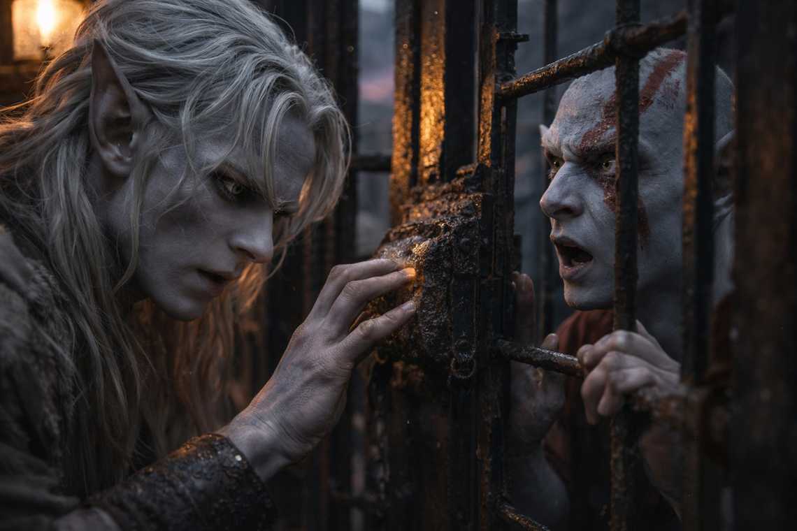 Drusniel opening Elion's cage in the caravan