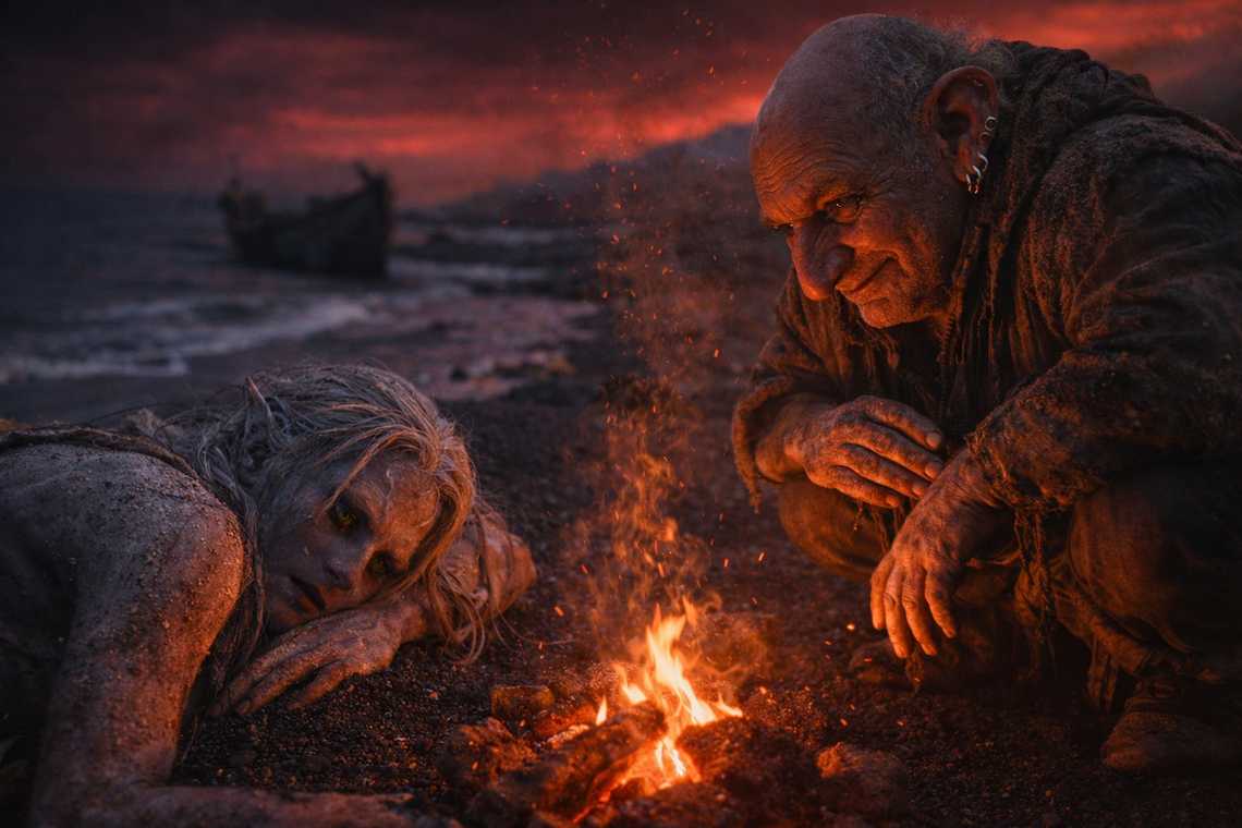 Merrik finds Drusniel on black sand